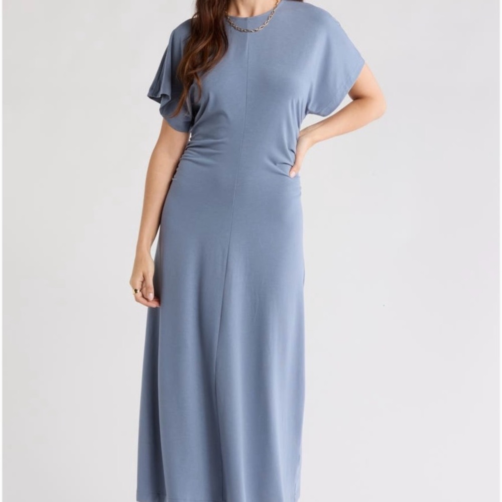NWT Nordstrom Rack Dolman Sleeve Ruched waist Soft Blue Midi Dress XS 0-2